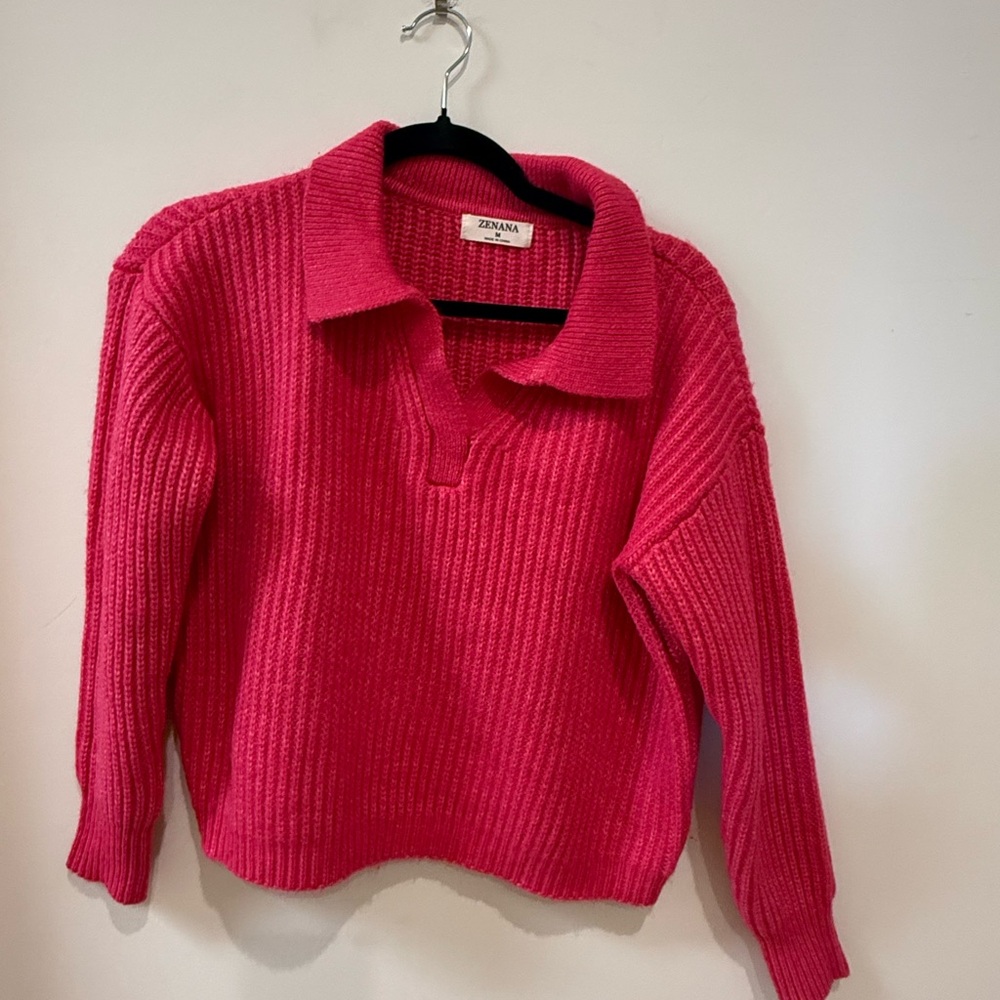 Zenana Outfitters Vibrant Hot Pink V-Neck Sweater with Collar.  Purchased NWOT